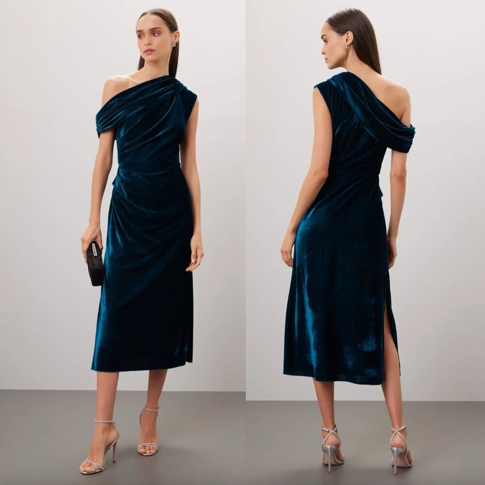 Shoshanna Grover Midi Dress in Blue Velvet Off One Shoulder 8 Medium
